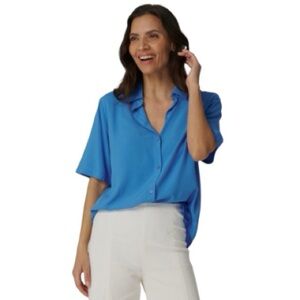 Franne Golde NWT! Easy Elbow-Sleeve Azure Blue Button-Down Blouse Size Medium